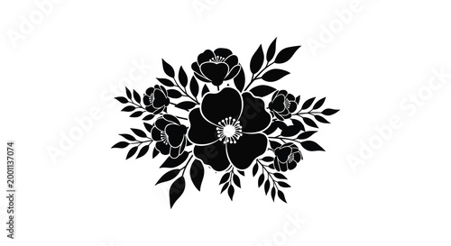 Elegant floral silhouette a black and white botanical arrangement with roses and leaves