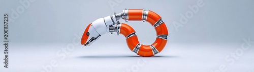 Vibrant orange and white bionic snake robot, sleek segmented design with chrome accents, dynamically posed on a pristine studio backdrop, embodying future tech.,robotics ,futuristic