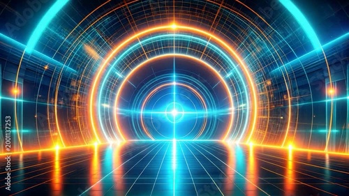 Futuristic tunnel with neon lighting and grid floor, glowing rings