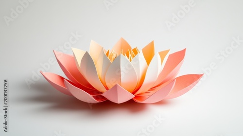 Vibrant paper lotus craft, exquisitely detailed with pastel gradient petals centered on a clean white backdrop, embodying tranquil elegance., Serenity, Art