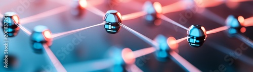 Vibrant panoramic network glowing metallic nodes linked by red and blue light, depicting futuristic data flow, AI and digital technology. Abstract Connection, Global Data Blockchain,