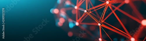Vibrant red digital network lines and glowing nodes with bokeh on dark blue, a wide banner portraying global connectivity, AI, big data and neural systems., Technology, Future