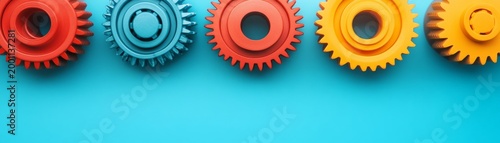Vibrant red, teal, yellow, orange gears line the top of a bright blue background, representing connected systems, teamwork and progress. Ample copy space. Engineering, Collaboration