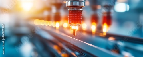 Vibrant shot automated robotic spindle with glowing tip on production line, symbolizing precision industrial manufacturing and advanced automation. Factory, Technology