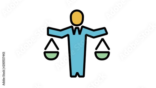 Ethical Business Balance Motion Icon. Businessman figure holding a balanced scale, representing corporate law, justice, ethics, equality, and professional integrity in the modern business world.