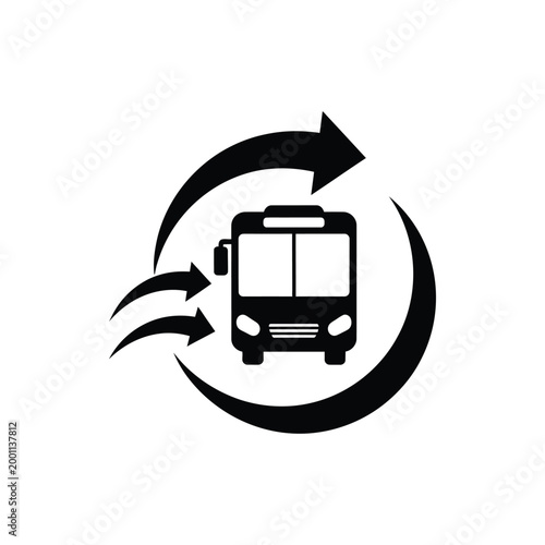 Public transport bus with circular arrows icon, sustainable mobility and eco transportation concept, urban transit system and recycling loop minimalist black vector illustration.