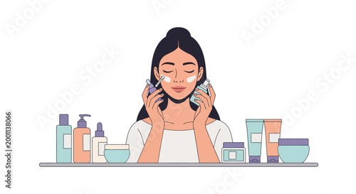 Skincare Routine Illustration of Woman Applying Facial Serum and Cosmetic Products. Flat Vector Design for Beauty, Wellness, and Daily Self Care Concept.