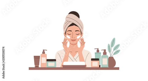 Young Woman Performing Daily Skincare Routine with Facial Moisturizer, Flat Illustration of Beauty and Wellness Self-Care Ritual