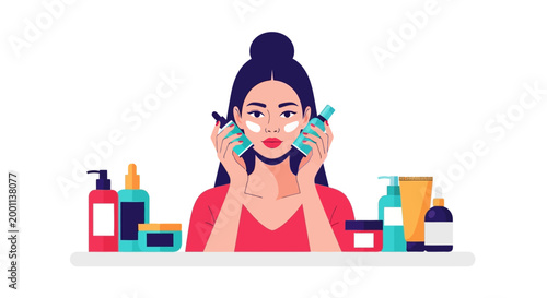 Skincare Routine Illustration: Young Woman Applying Face Cream with Beauty Products, Cosmetics, and Serums - Vector Concept for Wellness and Self-Care