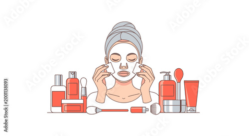 Woman with Facial Mask and Skincare Products Illustration: Beauty Routine, Spa Day and Self-Care Concept
