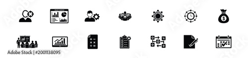 Set of modern professional business and management icons showcasing various project planning tasks data analysis team collaboration financial growth report writing and organized office workflows.