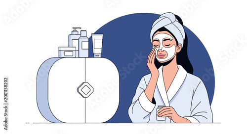 Vector Illustration of a Young Woman Applying a Facial Mask for Daily Skincare Routine and Beauty Self-Care at Home
