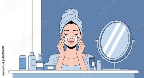 Vector Illustration of a Young Woman Performing Skincare Routine Using Cotton Pads at a Vanity with Mirror and Cosmetic Products
