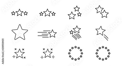 Collection of star icons in various styles including outlines, filled, with motion lines, and circular arrangements