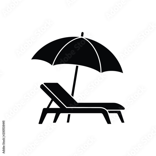 Summer vacation icon featuring comfortable beach lounge chair placed under open sun umbrella for relaxing leisure time near seaside resort pool landscape design element isolated graphics.