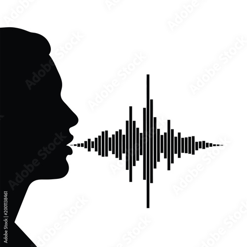 Voice recognition concept flat illustration isolated on white background, black sound wave icon and human face profile, speech recognition. Human Voice Sound Wave Icon, Voice Assistant, Podcast.