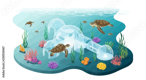 Digital illustration of sea turtles swimming around a sunken plastic bottle that rests on the ocean floor among colorful coral reefs, rendered with a bright and cheerful mood