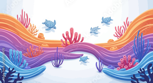Whimsical cartoon illustration of sea turtles swimming among colorful coral reefs and wavy formations in a bright, vibrant underwater scene, creating a playful and inviting atmosphere