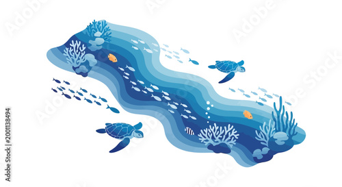 Overhead illustration shows sea turtles swimming through a colorful coral reef teeming with fish in layered shades of blue, creating a vibrant and dynamic underwater ecosystem on a clean