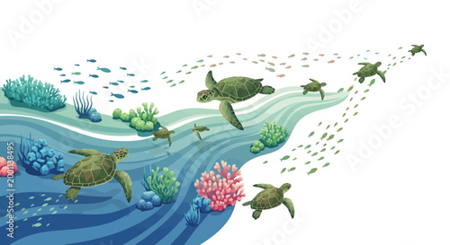 Illustrated sea turtles swim in a winding, stylized ocean current with coral reefs and schools of fish, depicted in a whimsical, graphic style against a clean white background that evokes