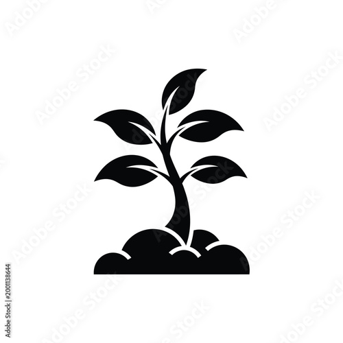 Young plant sprout growing from soil icon, seedling growth concept, agriculture and environment symbol, eco nature minimalist black vector illustration isolated on white background