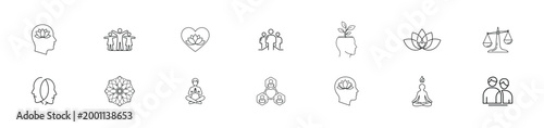 Wellness and mental health icon set with meditation, brain, balance, yoga, therapy and relaxation symbols, minimalist black outline vector collection isolated on white background