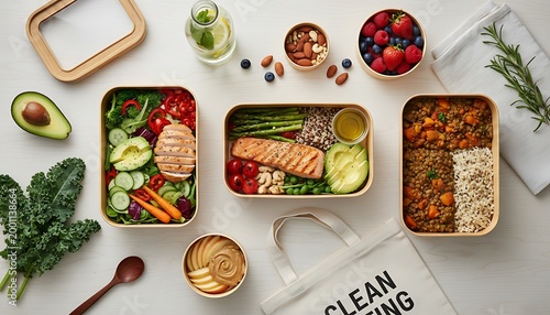 Fresh Lunch Boxes with Grilled Salmon Salad and Quinoa Mix in Wooden Bento Containers