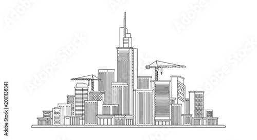 Modern City Skyline Line Art Illustration with Skyscrapers and Construction Cranes - Minimalist Urban Landscape Vector for Architecture and Real Estate Development