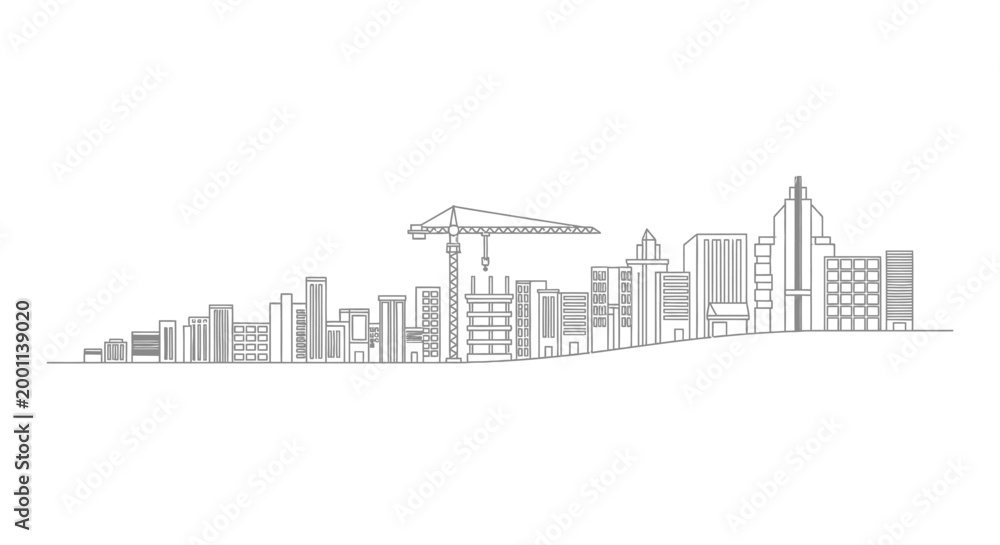 Obraz premium Minimalist City Skyline Line Art with Construction Crane and Skyscrapers Illustration