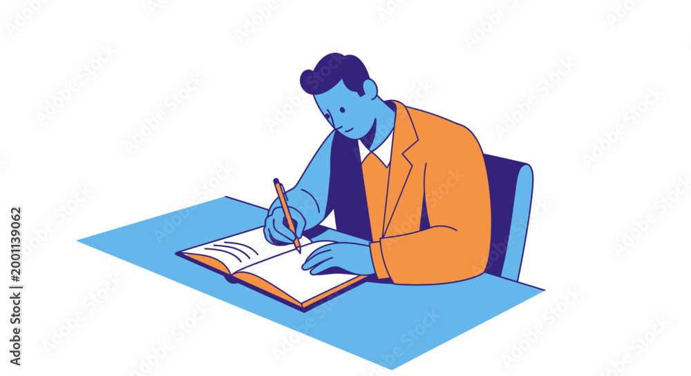 Obraz premium Stylized Illustration of a Man Writing in a Notebook at a Desk, Flat Vector Art Concept for Productivity, Education, and Creative Planning