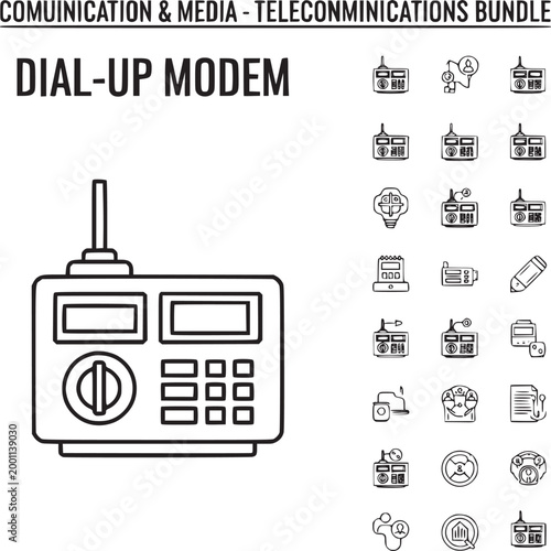 Vintage dial-up modem with telecommunication icons and digital communication concept flat design