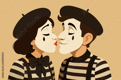 Couple of French mimes. Vector illustration in retro style