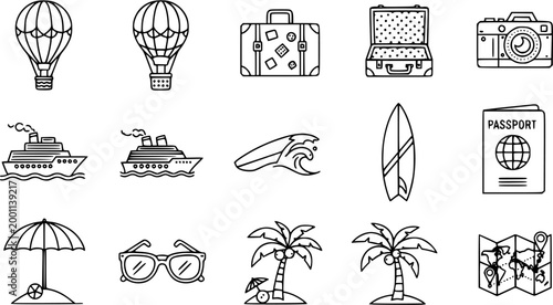 Black and White Line Art Travel Icons - Hot Air Balloon, Cruise Ship, Suitcase, Camera