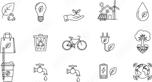 Eco-friendly Sustainability Line Art Icons Set. Green Energy  Environment Doodle Collection
