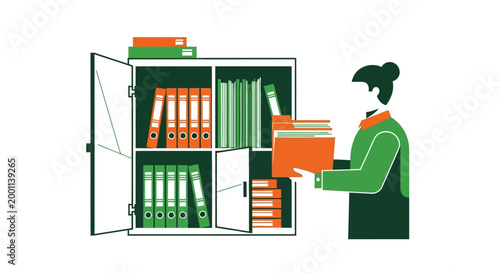Flat Vector Illustration of Woman Organizing Office Files and Binders in a Cabinet for Document Management and Archiving Concept