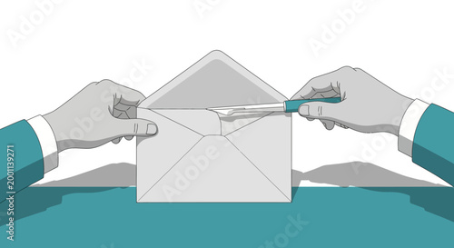 Minimalist Illustration of Businessman Hands Carefully Opening an Envelope with a Scalpel, Concept of Corporate Espionage, Data Analysis, and Privacy