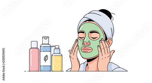 Woman Applying Green Facial Clay Mask and Skincare Products Routine Illustration
