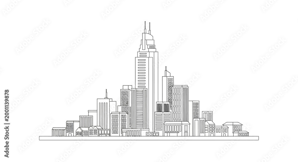 Fototapeta premium Minimalist City Skyline Line Art - Modern Urban Landscape Outline Vector with Skyscrapers and Buildings for Architectural Design, Real Estate, and Urban Development