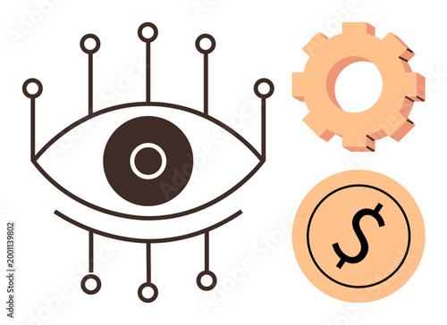 Technology, innovation processes, visual data, economy, automation, design. Eye with circuit lines, gear dollar sign icon. Technology and innovation processes concept