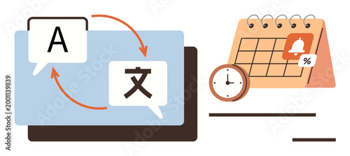 Translation services, scheduling, task management, deadlines, productivity, multilingual communication. Speech bubbles with language symbols, clock and calendar. Translation services and scheduling