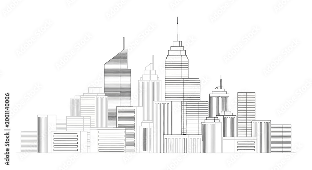 Fototapeta premium Modern City Skyline Line Art Outline Illustration for Architectural and Urban Planning Design Projects