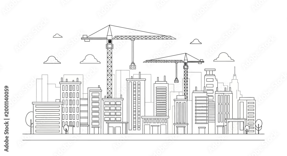 Obraz premium City Construction Skyline with Cranes and Skyscrapers Line Art Illustration