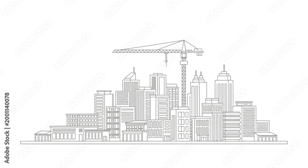 Fototapeta premium Minimalist City Skyline Under Construction Line Art, Urban Development Architecture with Skyscrapers and Tower Crane Outline