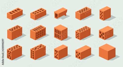 Set of Isometric Orange Clay Bricks and Building Blocks Vector