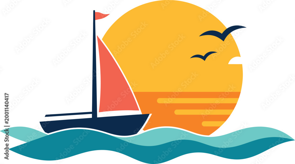 Naklejka premium Nautical sailboat logo vector, summer sunset ocean waves, minimalist sailing boat icon for travel