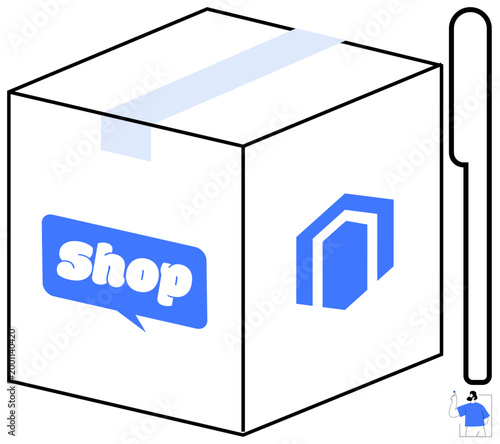 E-commerce, retail, logistics, shipping, delivery services, online shopping. White box with shop logo and tape. E-commerce and online shopping ion with package focus