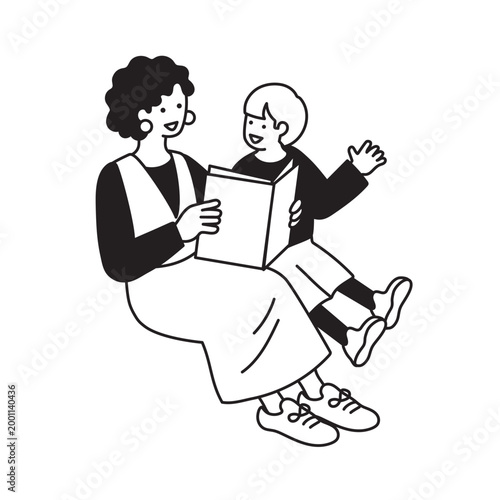 本を読み聞かせをする女性と子供のイラスト
