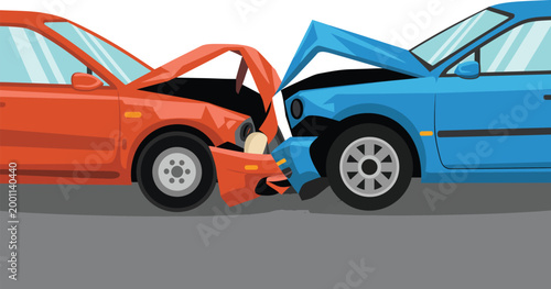 Traffic accident illustration, car crash warning symbol for road safety, insurance concept, and emergency response design.