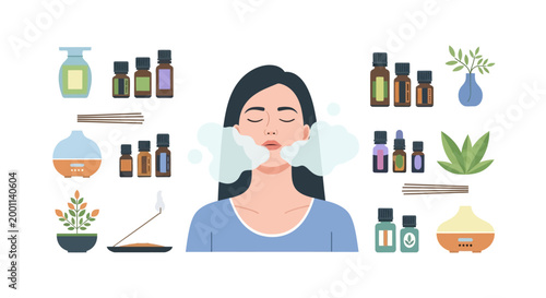 Aromatherapy and Wellness Concept Illustration with a Woman, Essential Oil Bottles, Diffusers, and Incense Sticks for Relaxation and Holistic Health