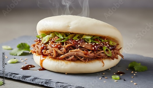 Steamed Buns Filled with Juicy Pulled Pork and Greens on Slate